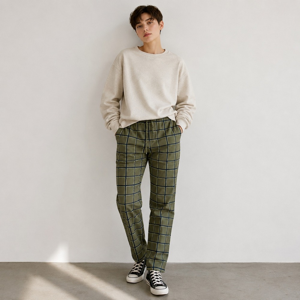 Wildfang Womens Essential Drawstring Pants Sz S Olive Green Plaid Stretch Indie